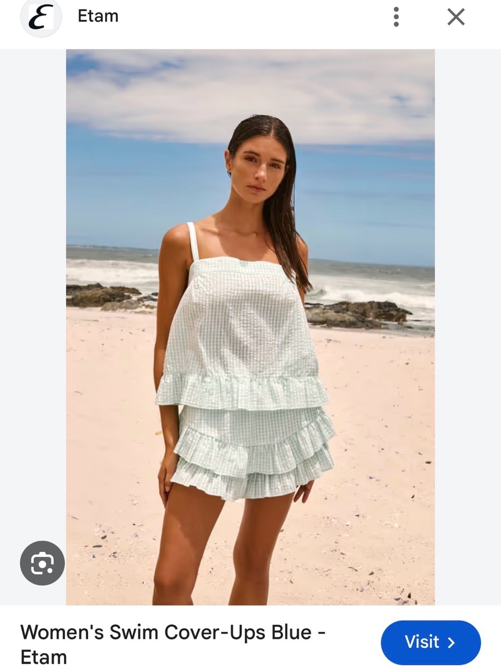 Etam Light Green Gingham Ruffle Swim Cover-Up